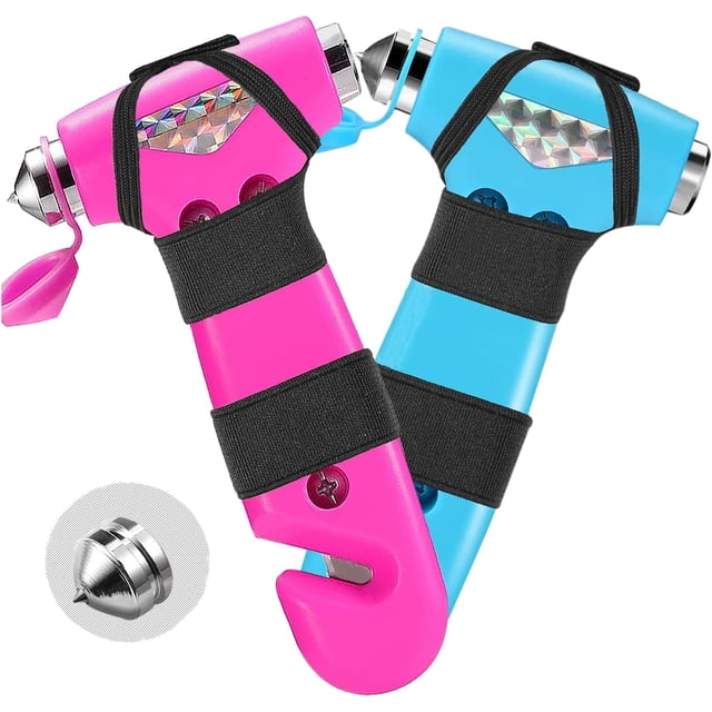 2-Pack Car Safety Hammers, 3-in-1 Emergency Tool with Window Breaker and Seat Belt Cutter, with Reflective Strips, Suitable for Home Safety, Emergency Tool for Cars (Pink/Blue)
