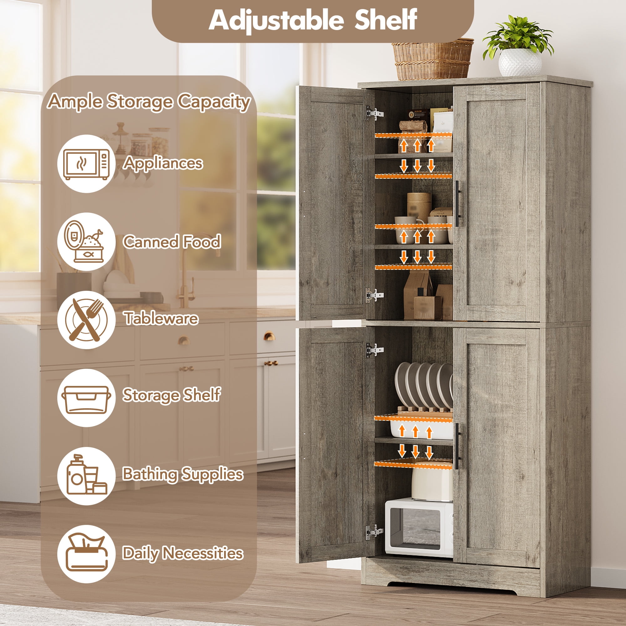 Modern Tall Freestanding Pantry Cabinet, Multipurpose Home Organizer – 70" Storage Cupboard with 4 Doors, Adjustable Shelves, Open Shelf – for Living Room, Bedroom, Bathroom – New Gray