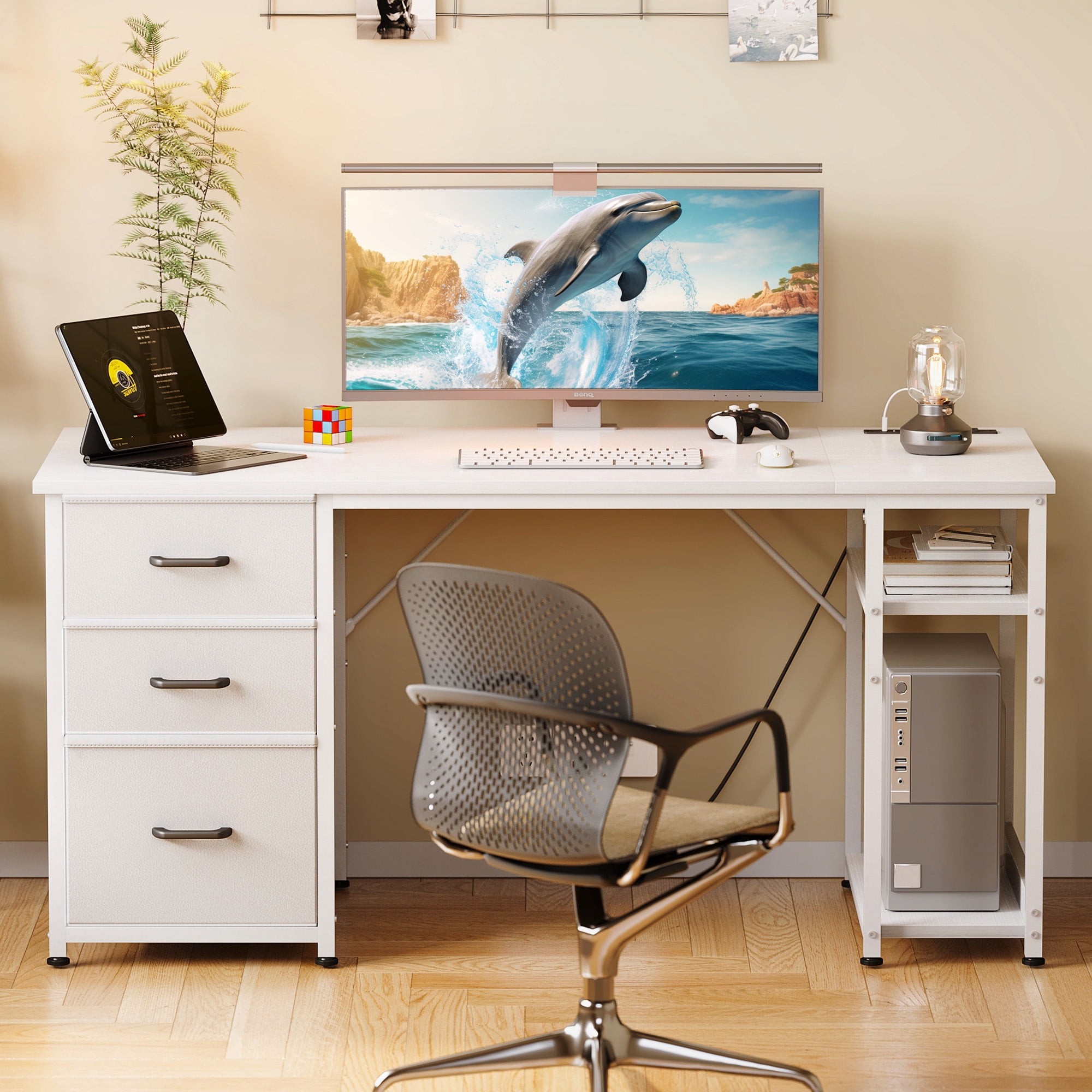 51" Computer Desk with File Drawers & USB Power Outlets- Reversible Home Office Desk with Storage Shelves, Work from Home, Writing Table for Bedroom, White
