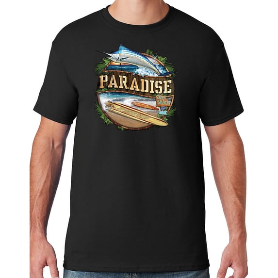 Mens Manu Bay Surf Company PARADISE SURF SHACK MARLIN T-shirt, Large Black