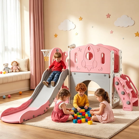 6 in 1 Toddler Slide, Pink Rocket Series Sturdy Kid Slide Outdoor Indoor Playset Slide Baby Climber Playset for Kids Age 1-4 Toy Playground