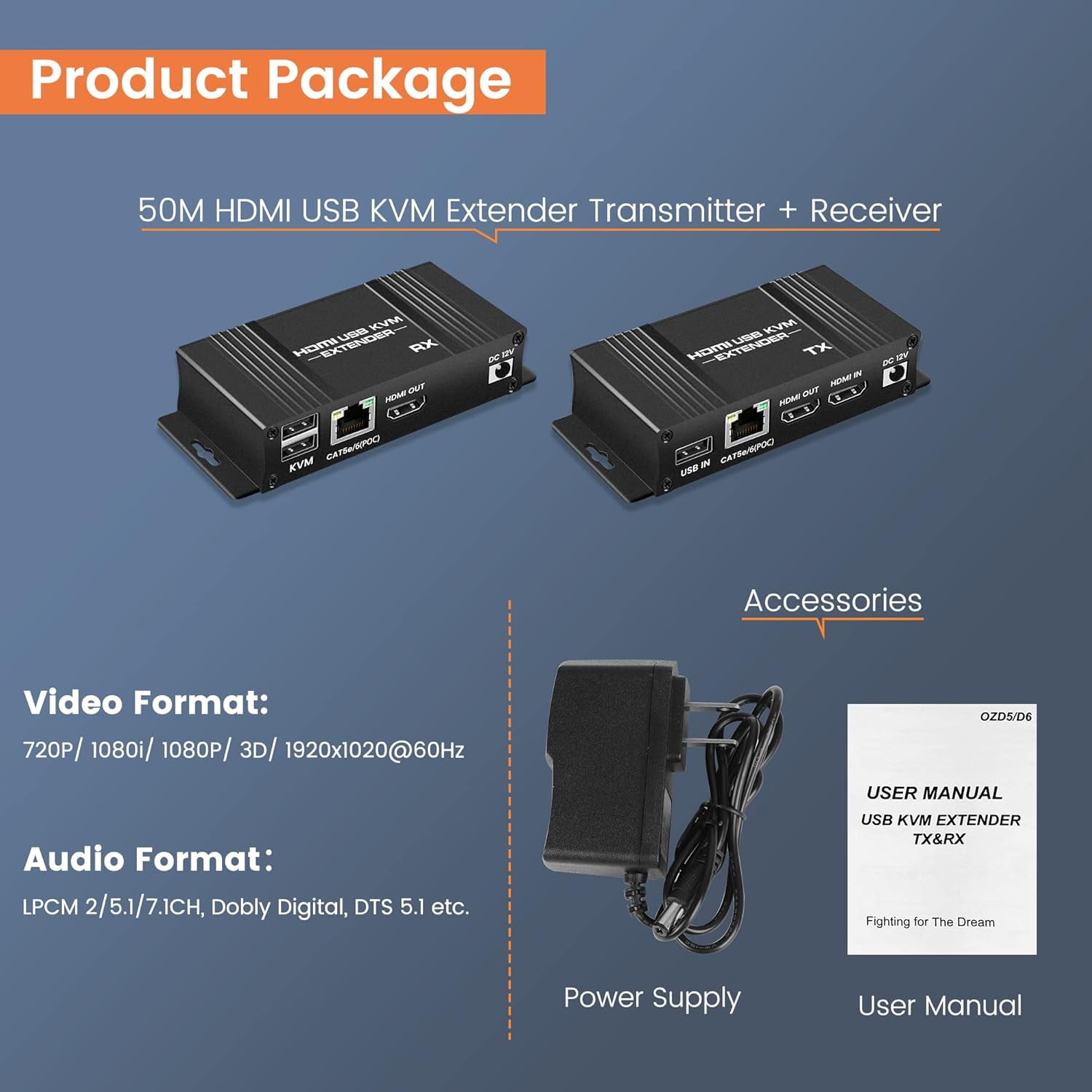 HDMI KVM USB Extender Over Cat 5e/6/7, 1080P HDMI Ethernet Extender Transmitter Receiver with Loop Out - USB Keyboard Mouse, Single POC Power Supply (HDMI KVM Extender 196FT 60M)