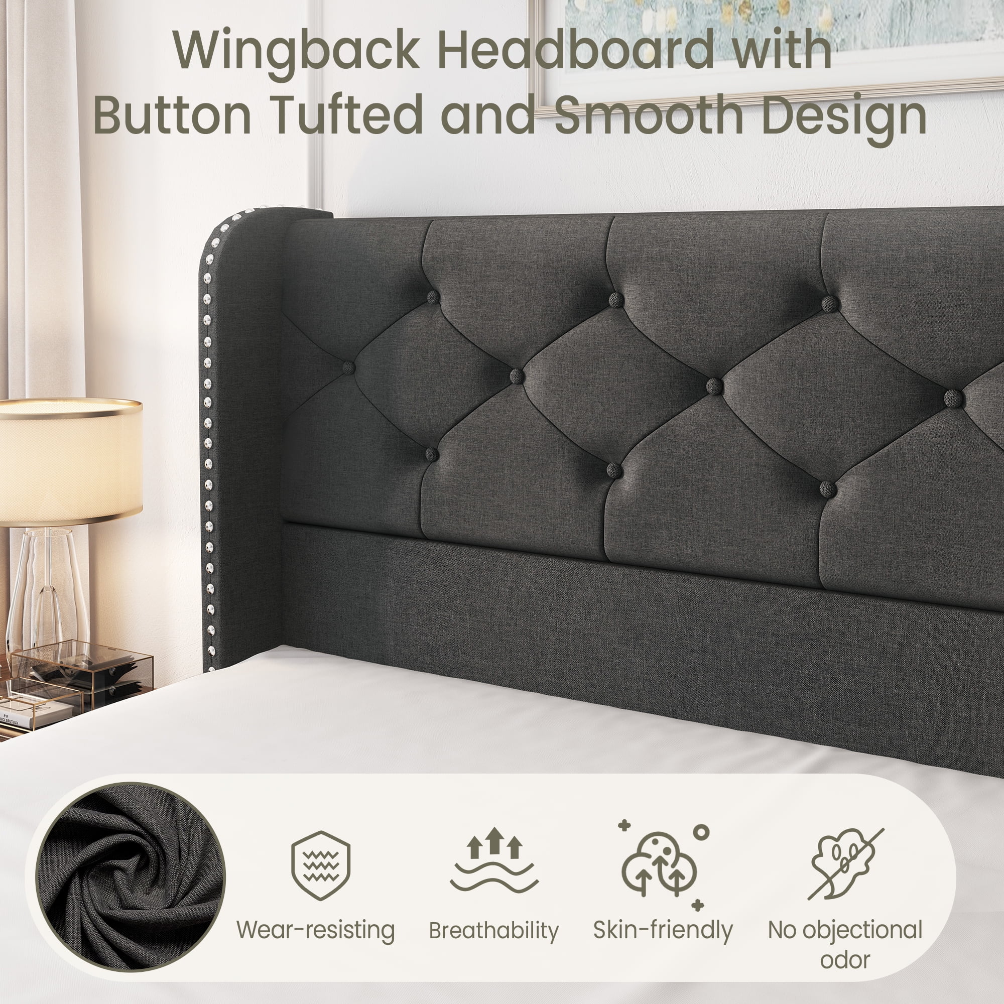Breltam Full Size Bed Frame with 4 Storage Drawers, Wingback Tufted Headboard, LED Lights, Dark Grey Velvet Upholstered Platform Bed, No Box Spring Needed
