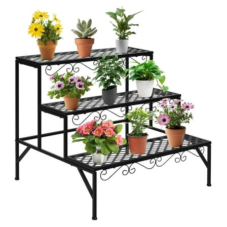 3-Tier Metal Plant Stand, Indoor Outdoor Plant Shelf, Flower Pot Display Rack - Black