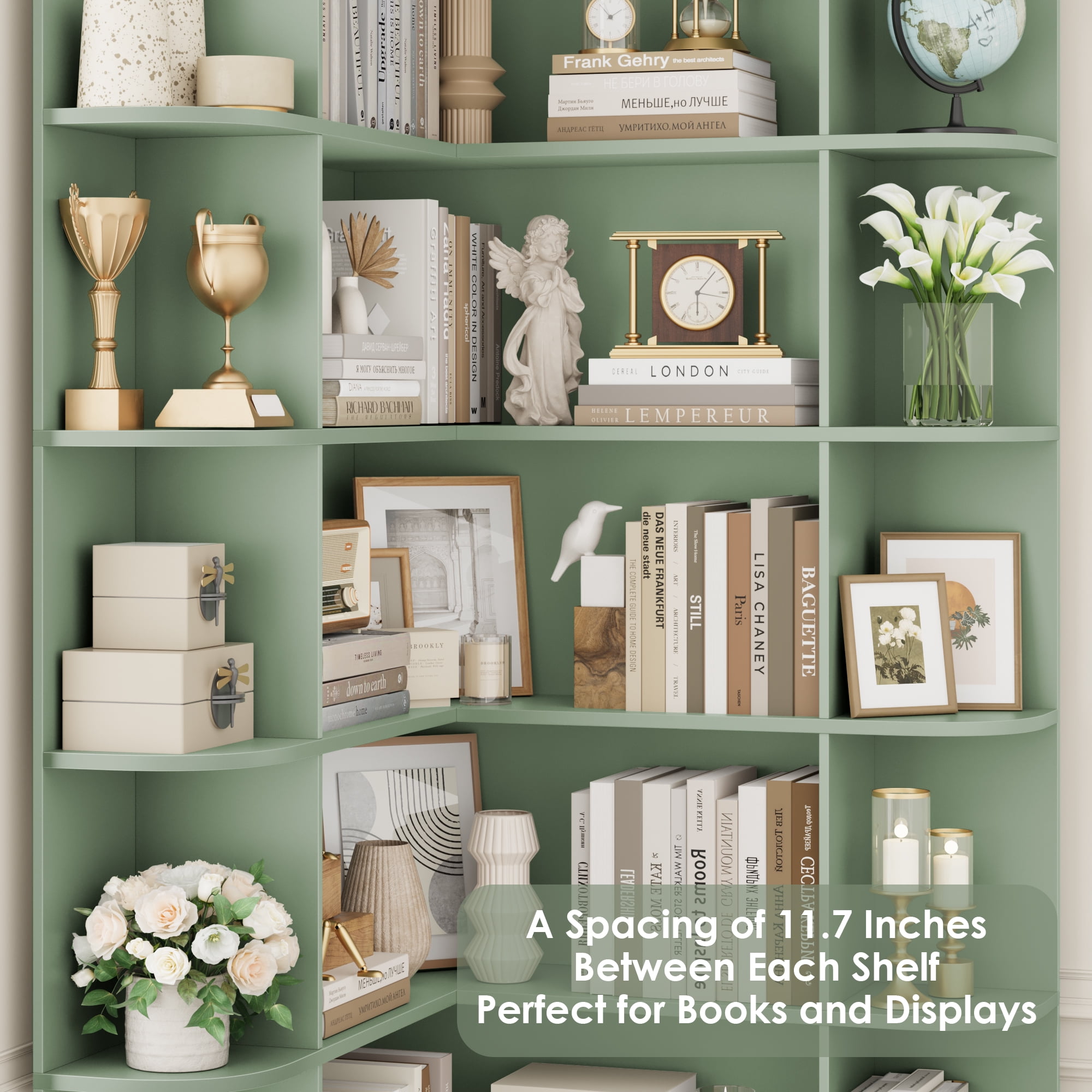 Homfa 73.9” Tall Corner Bookcase, 6 Tier L-Shaped Large Display Bookshelf with Curved Edges for Living Room Home Office Study, Green