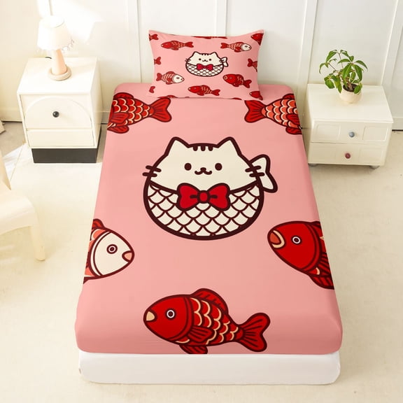 Manfei Cute Bowknot Cat Twin Fitted Sheet, Cartoon Fish Bedding, Pink Red, 2-Piece, 1 Fitted Sheet and 1 Pillowcase