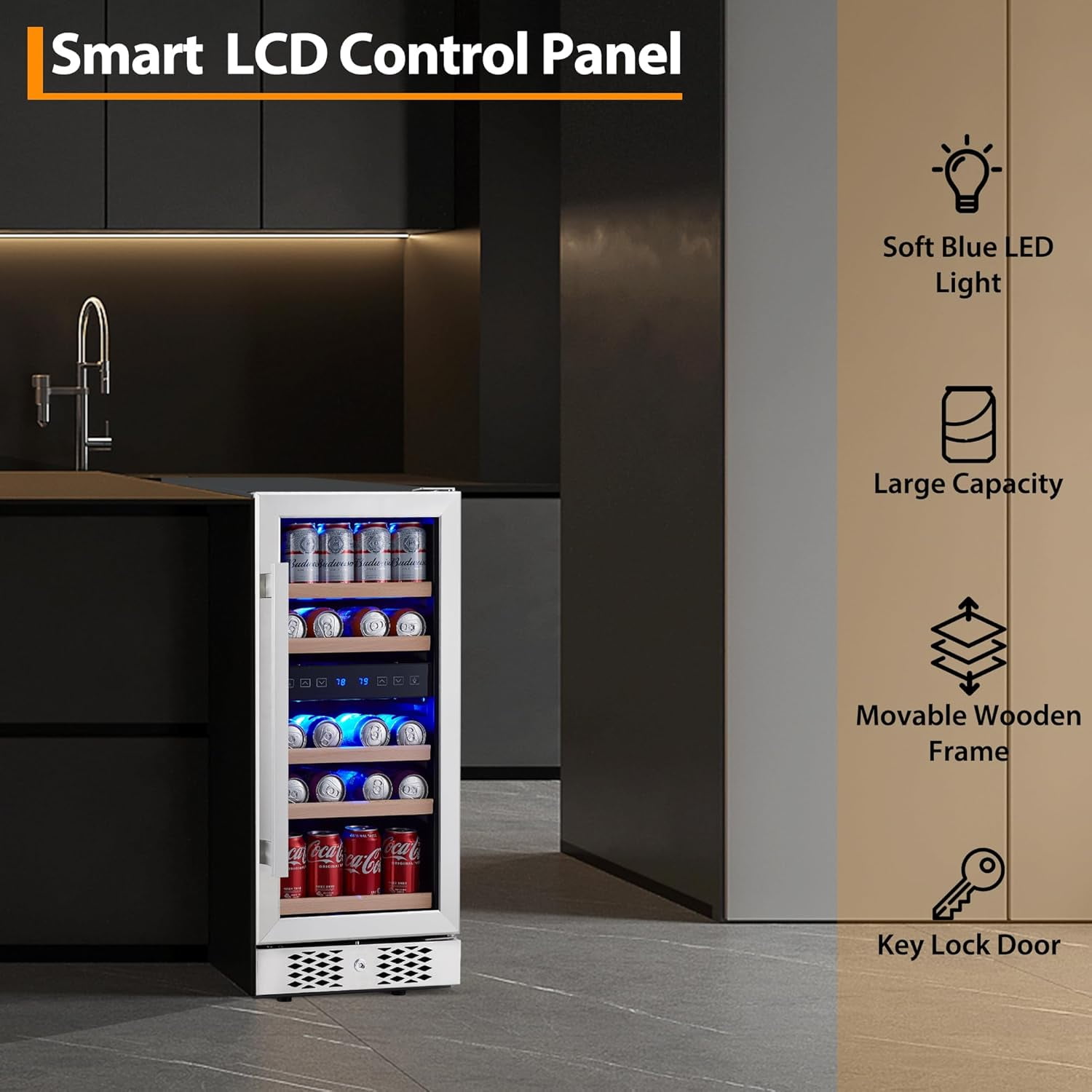 Historyli Beverage Refrigerator-96 Can with Lock-Freestanding/Built-in,Dual Zone Wine Cooler with Digital Touch Screen,Low Noise Compressor Drink Fridge for Beer,Soda,Bottles-As shown