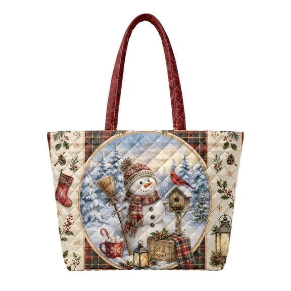 HUIACONG Vintage Snowman Cardinal Pattern Stitched Padded Handle Tote Bag Featherweight Large Capacity Festive Shoulder Purse for Christmas Shopping Travel Holiday Parties Daily