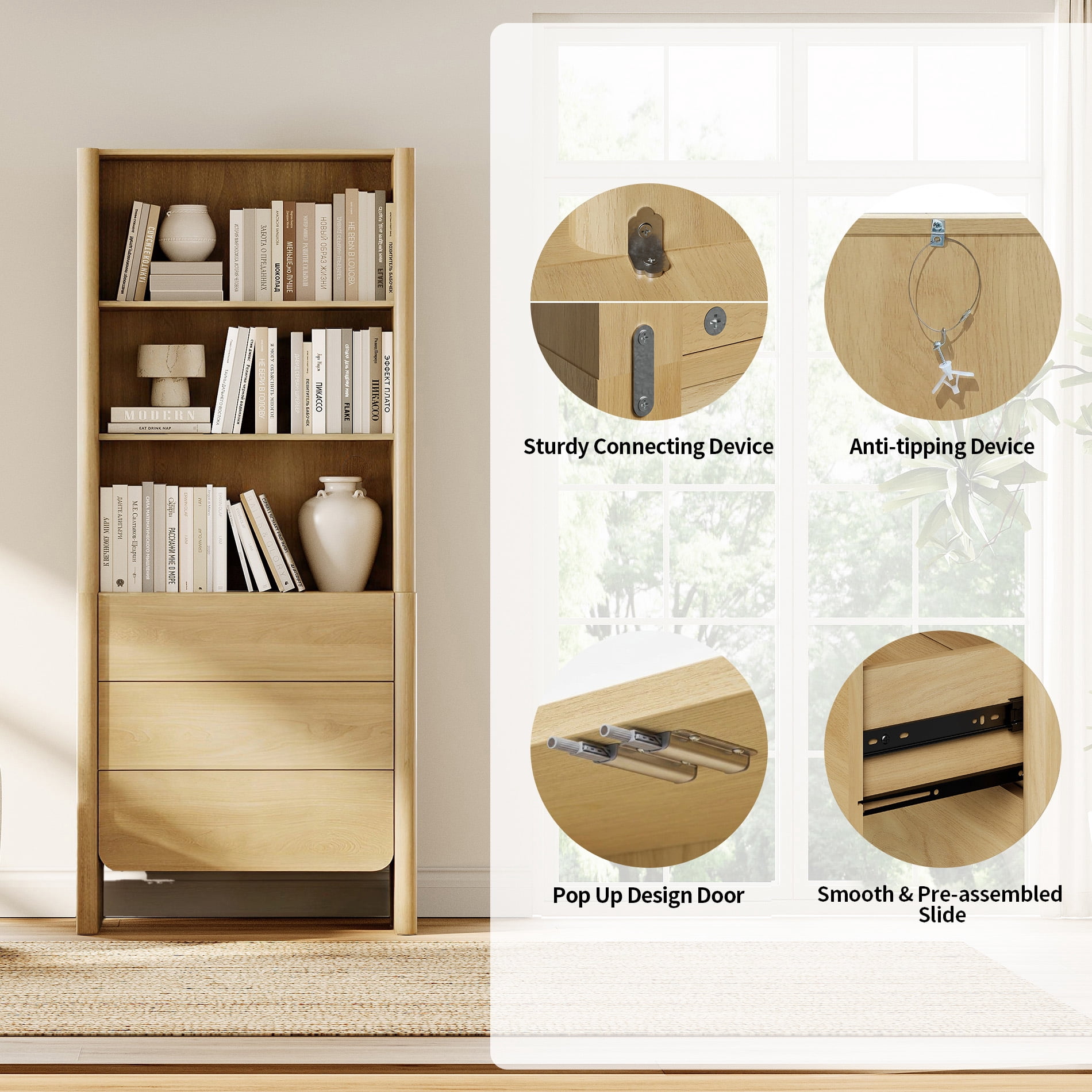 94.5-Inch Modern French Bookcase with Curved Edges, 9 Drawers and Open Shelving, 72.8" Tall, Oak