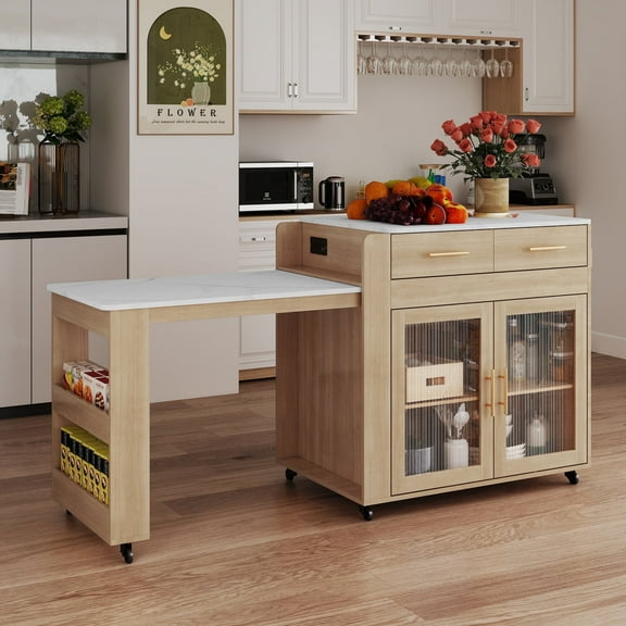 HLR Extendable Kitchen Islands with Power Outlet, Dining Table Cart on Wheels with Storage, Wood