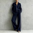 thumbnail image 2 of Szluipve 2 Piece Sets for Women 2 Piece Tracksuit Outfit Striped Side Zip‑Up Collar Jacket & Wide Leg Pants Set Ribbed Knit Casual Loungewear Suit for Daily Vacation Navy 2XL, 2 of 8