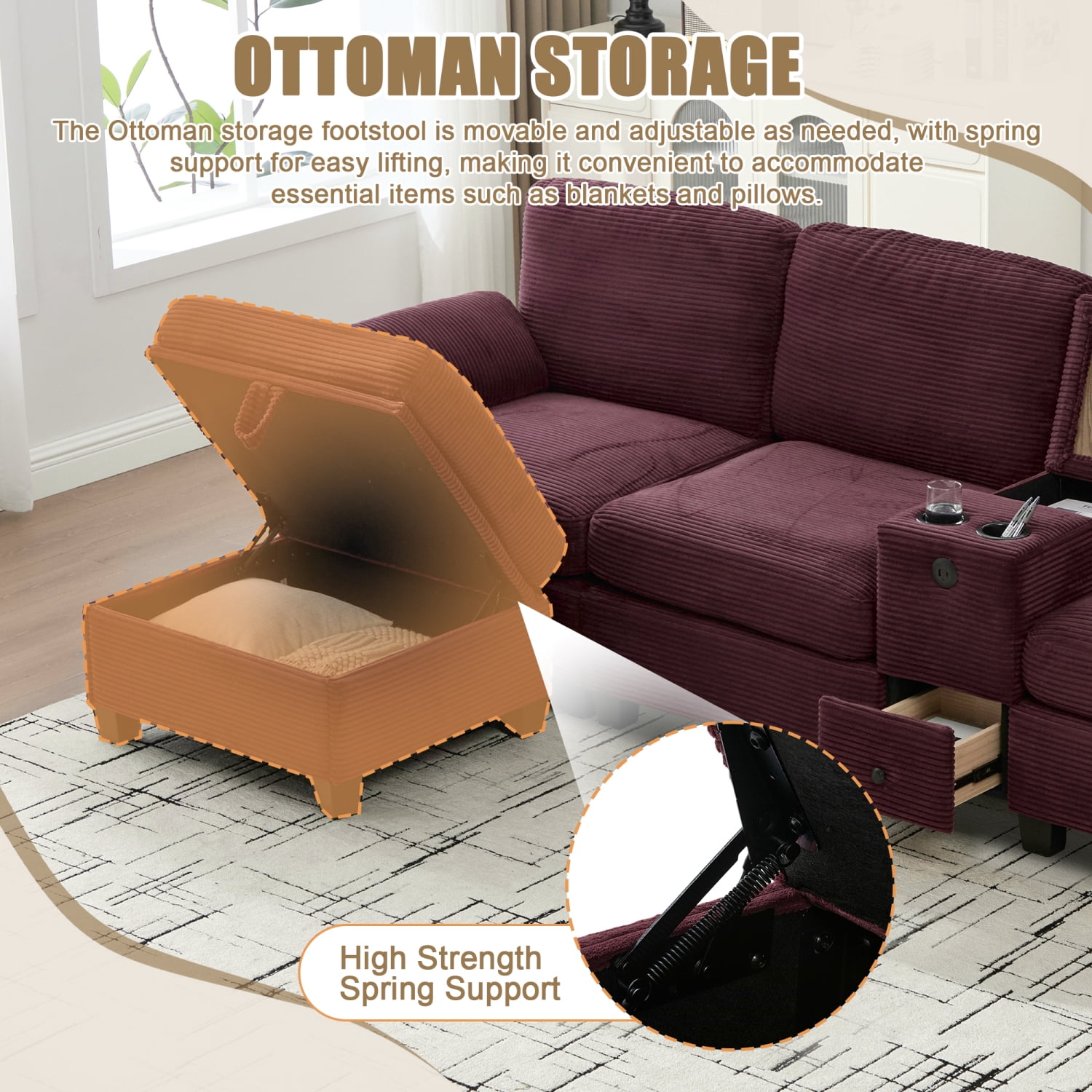 Leumius L-Shaped Sectional Sofa for Living Room,105" Modular 4-Seater Upholstered Sofa Couch with Cup Holder/USB Interface/Storage Box,Rose Red