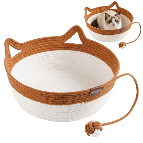 Woven Cat Bed, Woven Rope Cat Bed with Cat Ears, All Season Breathable Pet Bed for Cats Small Dogs, Washable Round Basket Style Cat House, Grey