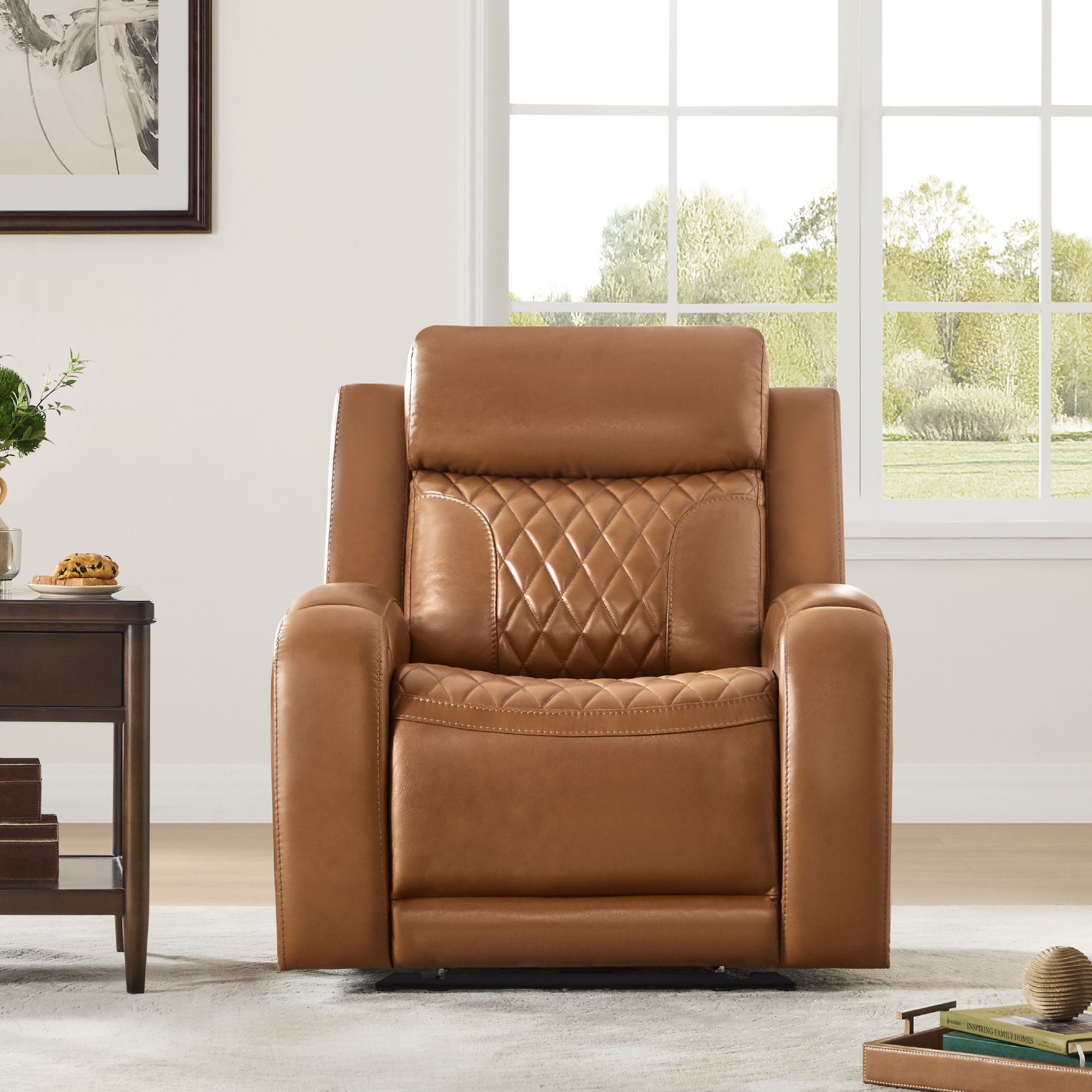 Spruce & Spring Leather Dual-Motor Lay Flat Recliner for Living Room, Saddle