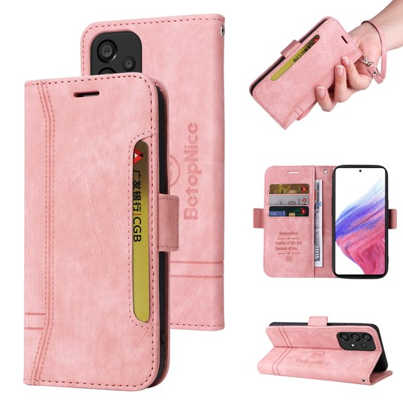 TECH CIRCLE Case for Samsung Galaxy A53 5G 6.5 inch,Shockproof Premium PU Leather ID Credit Card Holder Wallet Case Magnetic Flip Kickstand Phone Cover with Hand Strap,Pink