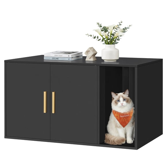 Feandrea Cat Litter Box Enclosure, Modern Hidden Litter Box Furniture, Front Entry, Double Doors, Indoor Pet House, Living Room Side End Table, 80 x 50 x 45 cm, Ink Black UPCL020BC02
