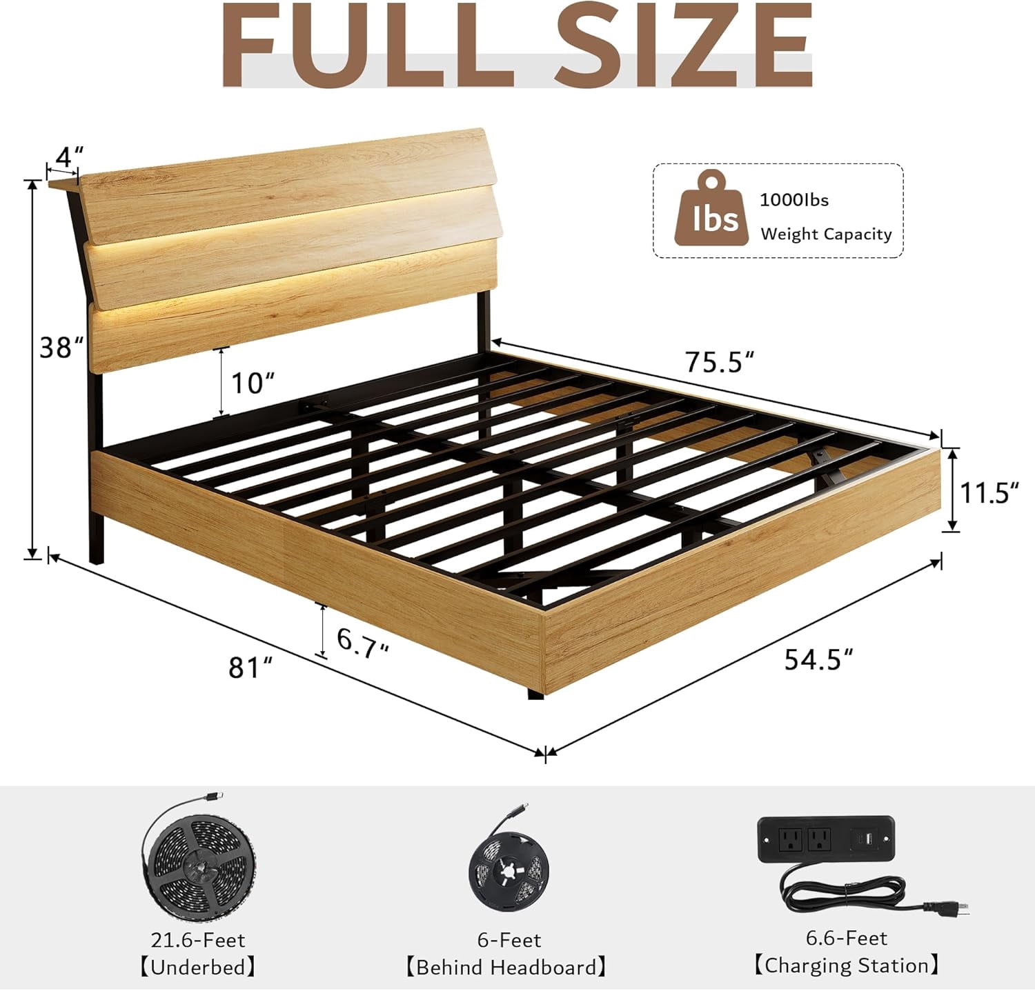 Galnfu Floating Full Size Bed Frame with LED Light and USB Port Charging Station, Platform Bed with Wooden Storage Headboard, Sturdy Steel Slats,Easy to Assemble, Oak