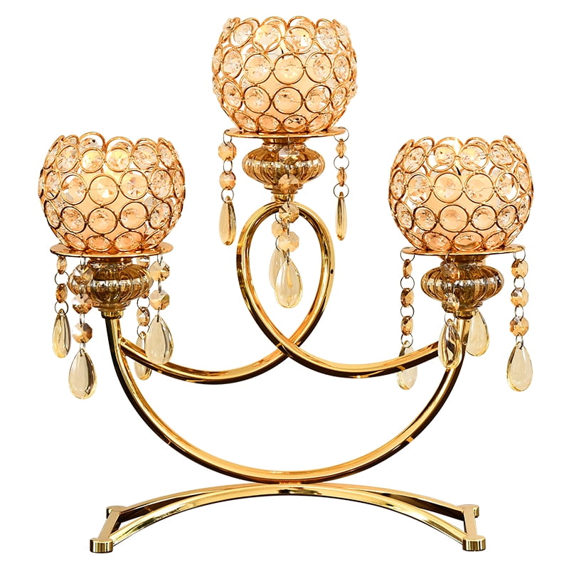 Gold Crystal Beaded Candle Holders with 3 Arms Candelabra for Wedding