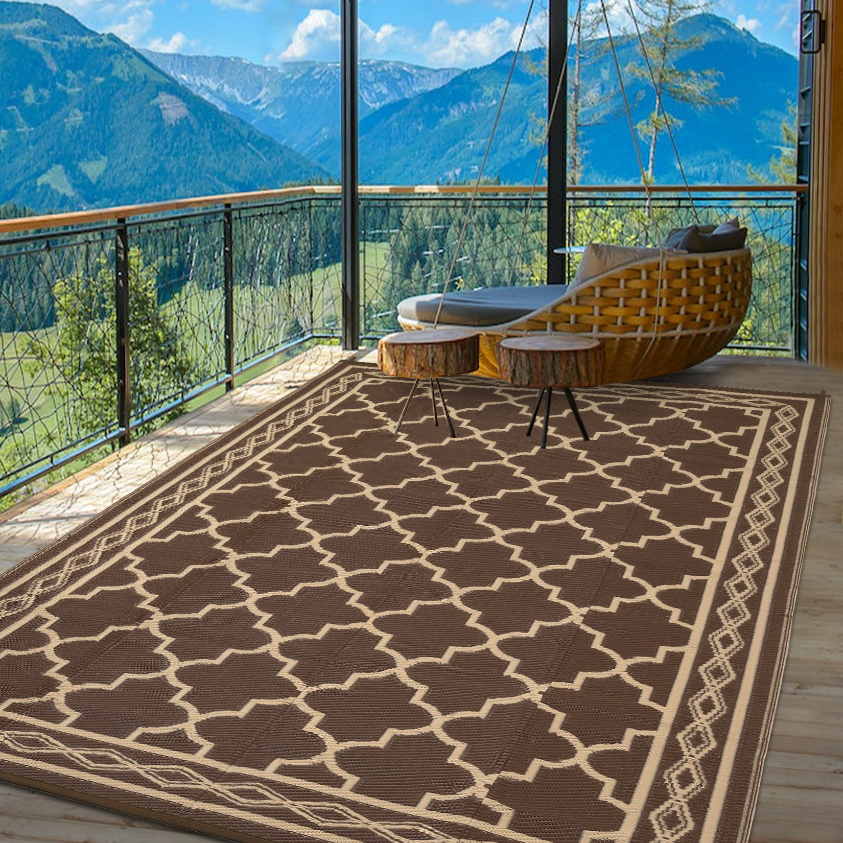 Garvee Outdoor Rug 10x20ft Waterproof for Patios, Reversible Plastic Straw Rug Camping Carpet Mats for RV, Picnic, Backyard, Deck, Balcony, Beach, Brown