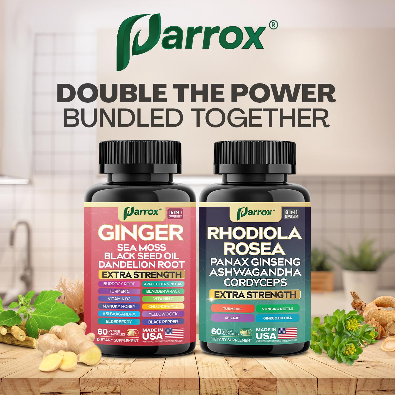 Parrox Dynamic Duo Herbal Bundle, Ginger, Rhodiola Rosea, Sea Moss, Ashwagandha, Black Seed Oil, Panax Ginseng, Turmeric, Dandelion, Cordyceps, Ginkgo Biloba, ACV, Elderberry, Manuka Honey