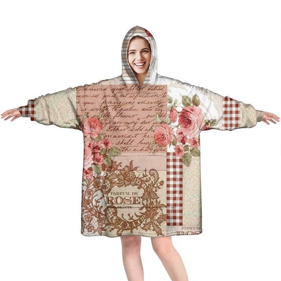 Wearable Oversized Blanket,Pioneer Flower Floral Print Pattern Wearable Blanket Hoodie for Adults,Cozy Hooded Blankets with Super Pockets,Super Warm Fuzzy Pullover for Women & Men