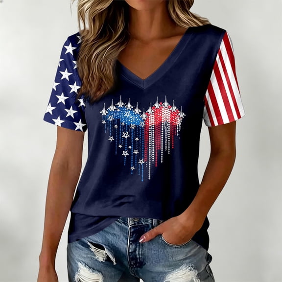 haizhen 250 Anniversary USA Shirt Women Dressy Casual Air Force Five-Pointed Star Heart Graphic Tees V Neck Patriotic Shirts for Women 4th of July Shirts July 4th Summer Tops Navy, XL