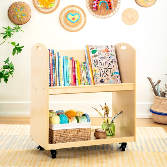 Guidecraft EdQ Kids Book Storage Cart - Natural: 2-Shelf Wooden Rolling Cart with Wheels for Classroom Organization | Kids Library Bookcase