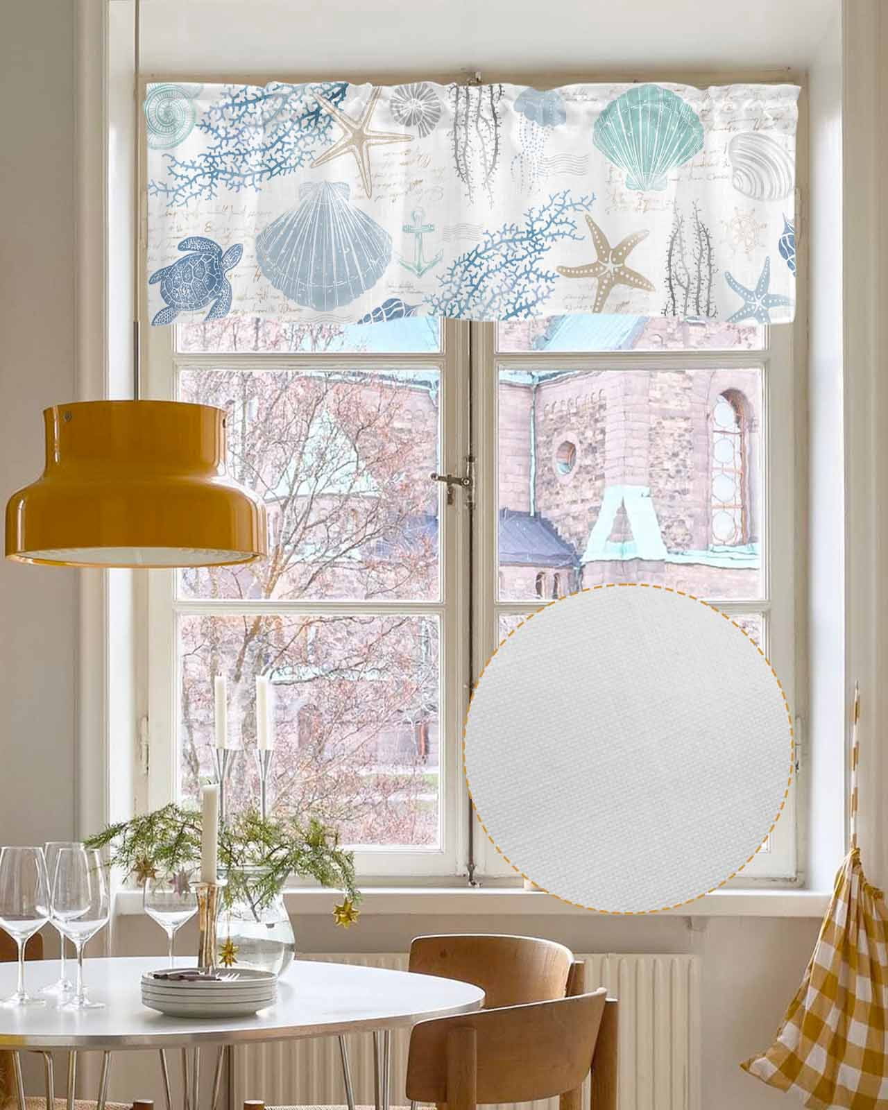 Coastal Blue Linen Curtain Valance for Bedroom/Bathroom/Kitchen/Living/Dining Room Window,Nautical Turtle Shell Starfish Anchor Coral Pocket Topper Drapes Decorative Cafe Drapery Panel 42"x18"