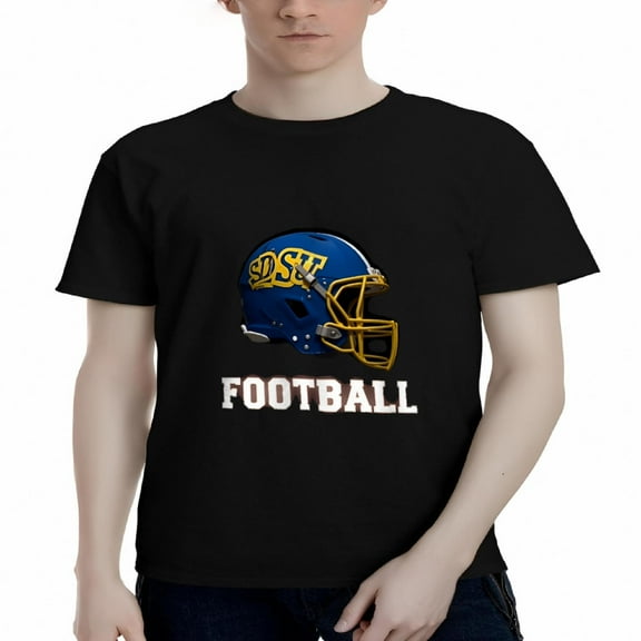 Men's Cotton Short Sleeve T-Shirt with Blue Football Helmet Graphic ' SDSU ' in Yellow and ' FOOTBALL ' in White - Sporty Tee Top