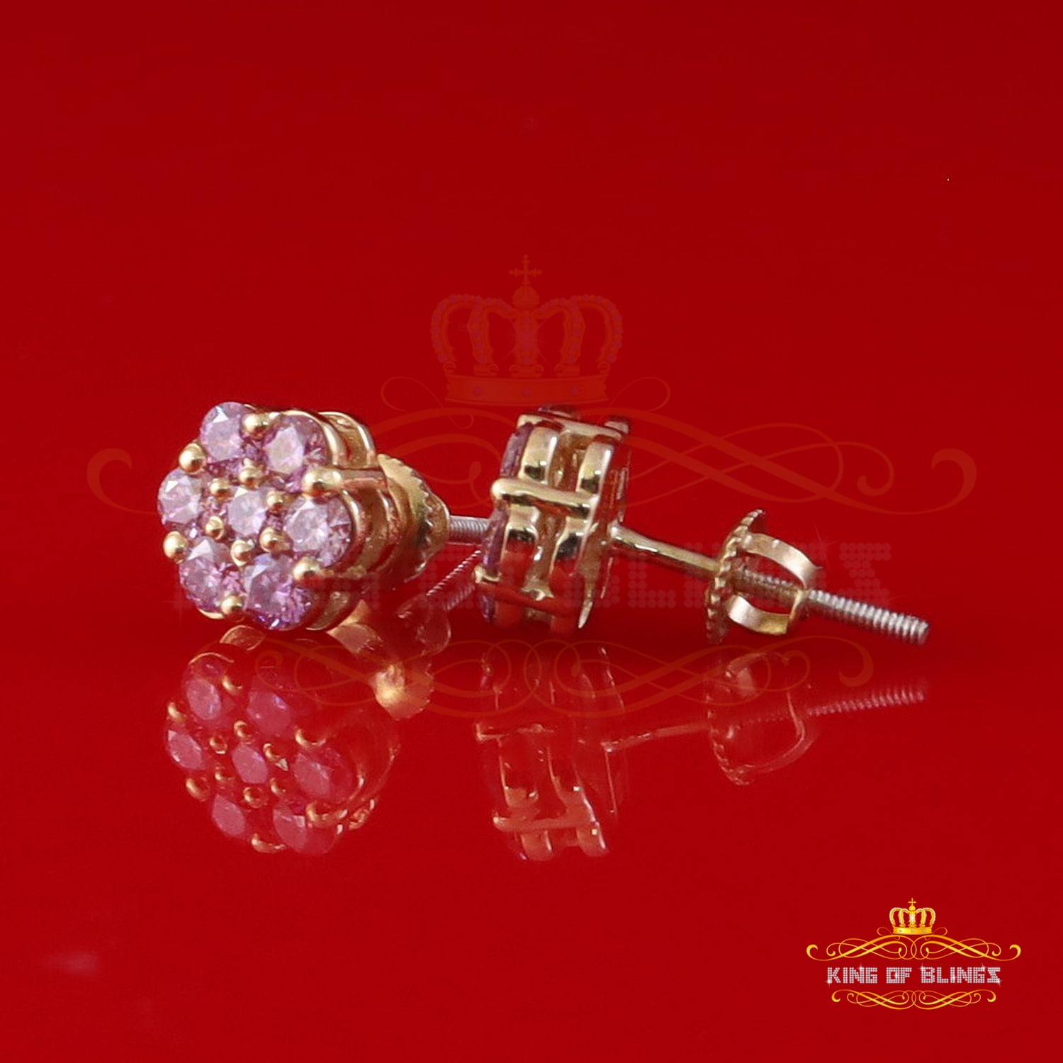 King of Bling's 925 Silver Yellow 1.00ct VVS D Pink Moissanite Floral Stud Earrings Mens/Women
