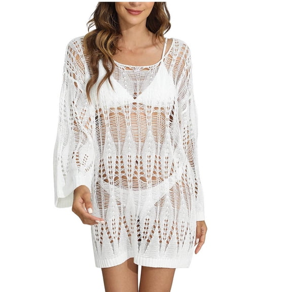 Posijego Women's Crochet Cover Up Long Sleeve Swimsuit Cover Ups Hollow Out Bathing Suit Bikini Beach Dress