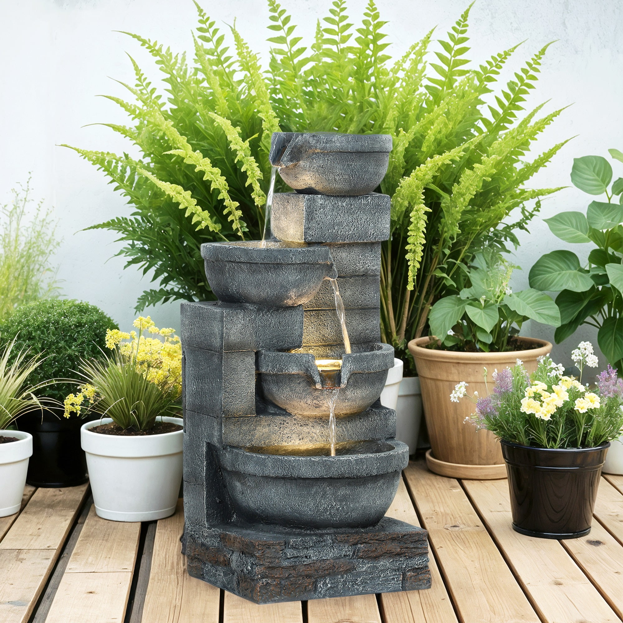 Homiyad 30" Tall Outdoor Water Fountain with LED Lights, 4-Tier Resin Cascading Bowls Outdoor Fountain Waterfall Fountain with Pump, Gray