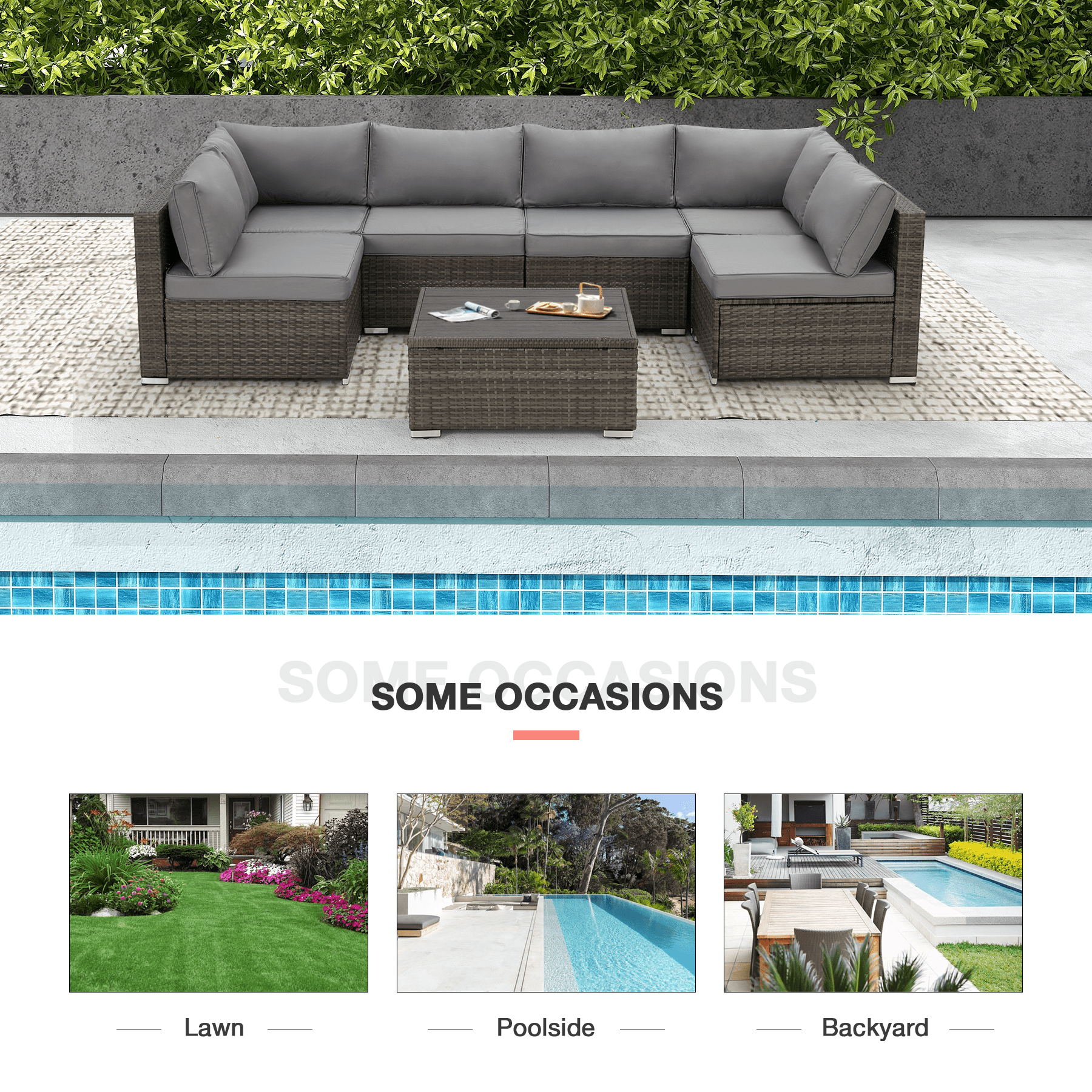 GYUTEI 7 Piece Patio Furniture Set with Adjustable Bracket All-Weather Wicker Conversation Set with Coffee Table for Porch Garden Backyard (Gray)