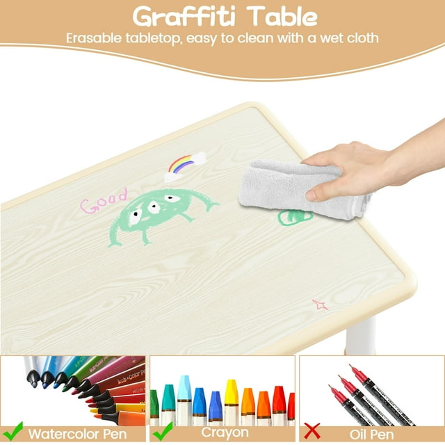 Ourlova Kids Table and 6 Chairs Set - Height Adjustable, Graffiti Desktop, Children's Learning Activity Table