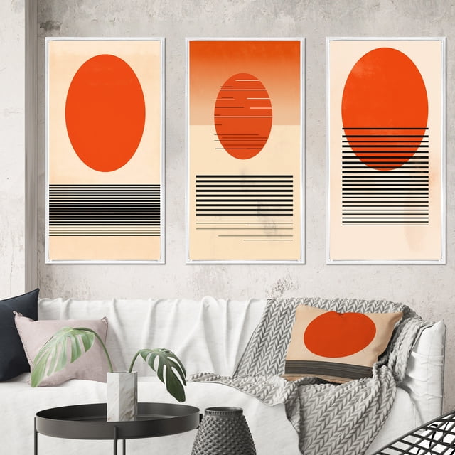 Designart "Minimalist Geometric Sunset in Bold Orange III" Modern Geometric Framed Wall Art Set Of 3 - Orange Abstract Frame Gallery Wall Set For Home Decor