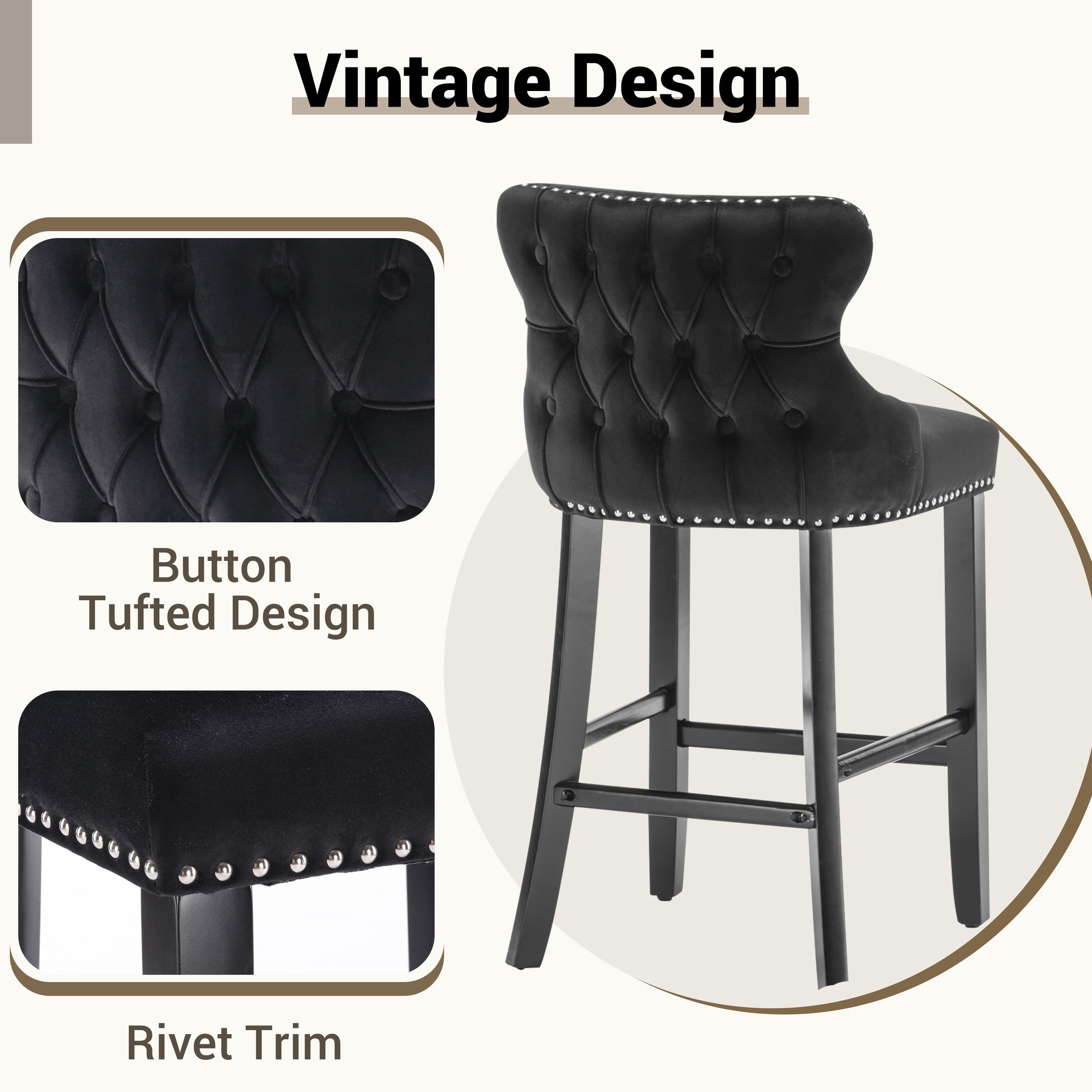 Bar Stool Set of 4, Legahome 26" Counter Height Bar Stools with Back, Velvet Upholstered Bar Stool with Button Tufted & Wooden Legs, Kitchen Island Counter Stools Set of 4, Black
