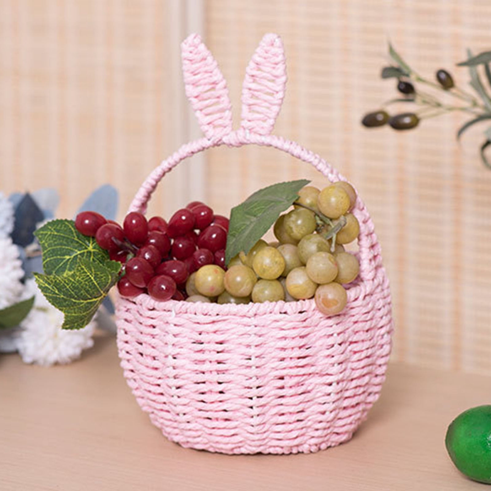 Easter Rabbit Ear Woven Basket - Paper Rope Picnic Candy Basket with Handles, Bunny Straw Wicker Basket for Egg , Party Decor & Gift Giving