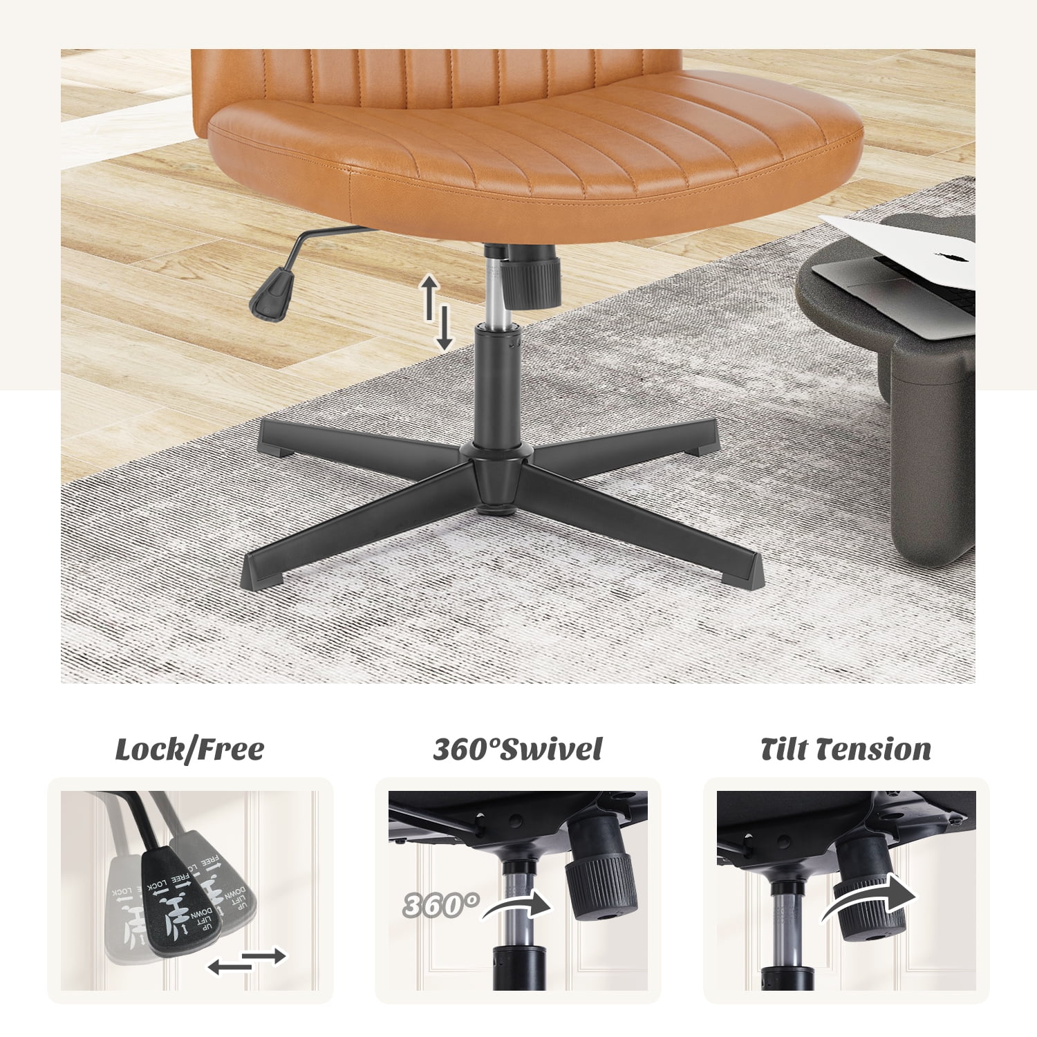 EDX Armless PU Leather Office Chair Criss Cross Legged Chair No Wheels, Comfy Home Office Desk Chairs, Brown