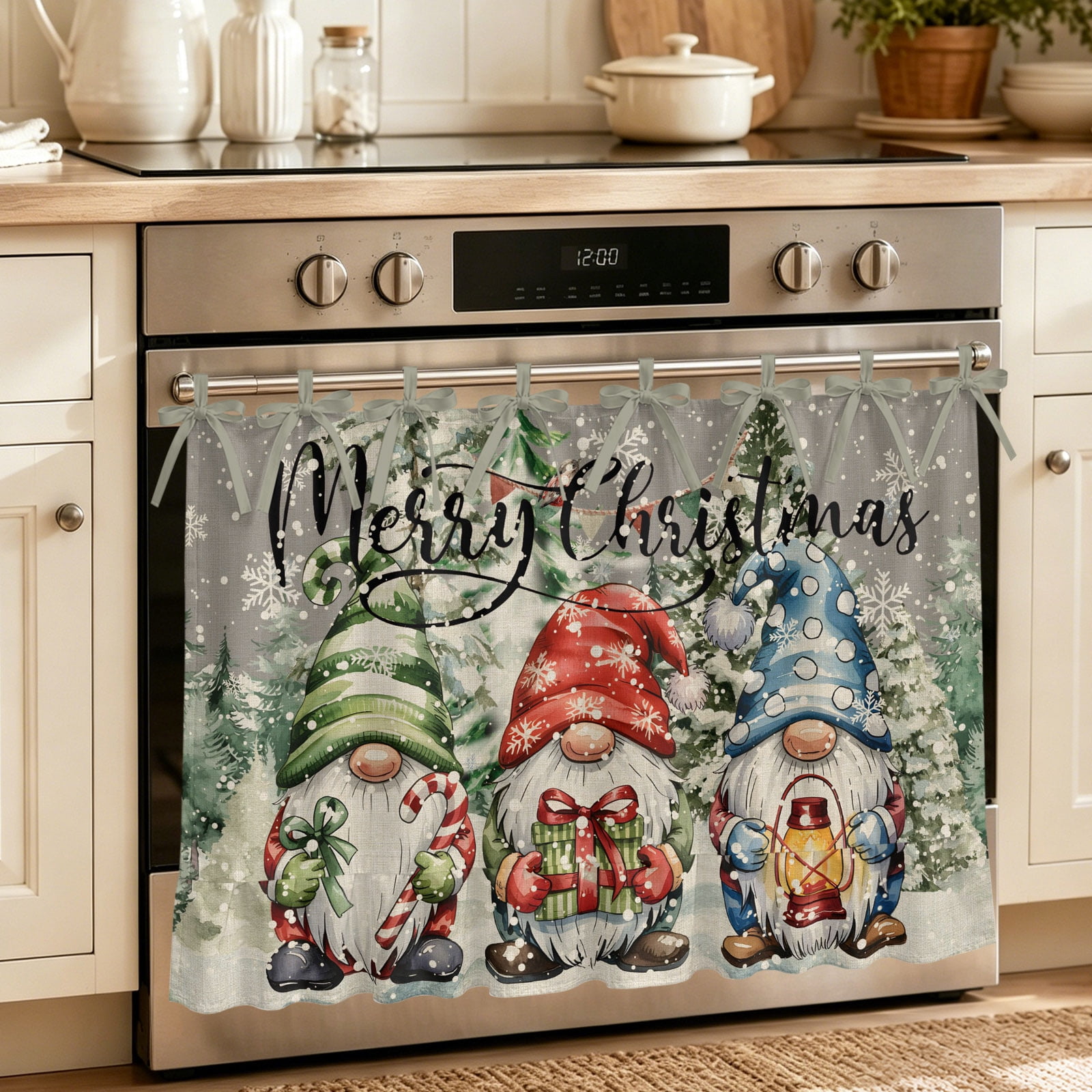 Oven Curtain for Kitchen Xmas Gnome Christmas Tree on Grey Stove Curtain With Ruffled Trim Dishwasher Curtains Winter White Snowflakes Oven Skirt 27 x20