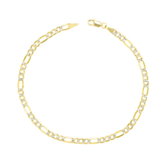 Nuragold 10k Real Yellow Gold Figaro Link 2.5mm Diamond Cut Two Tone Pave Chain Bracelet or Anklet (7"-9") Italian Jewelry for Men & Women
