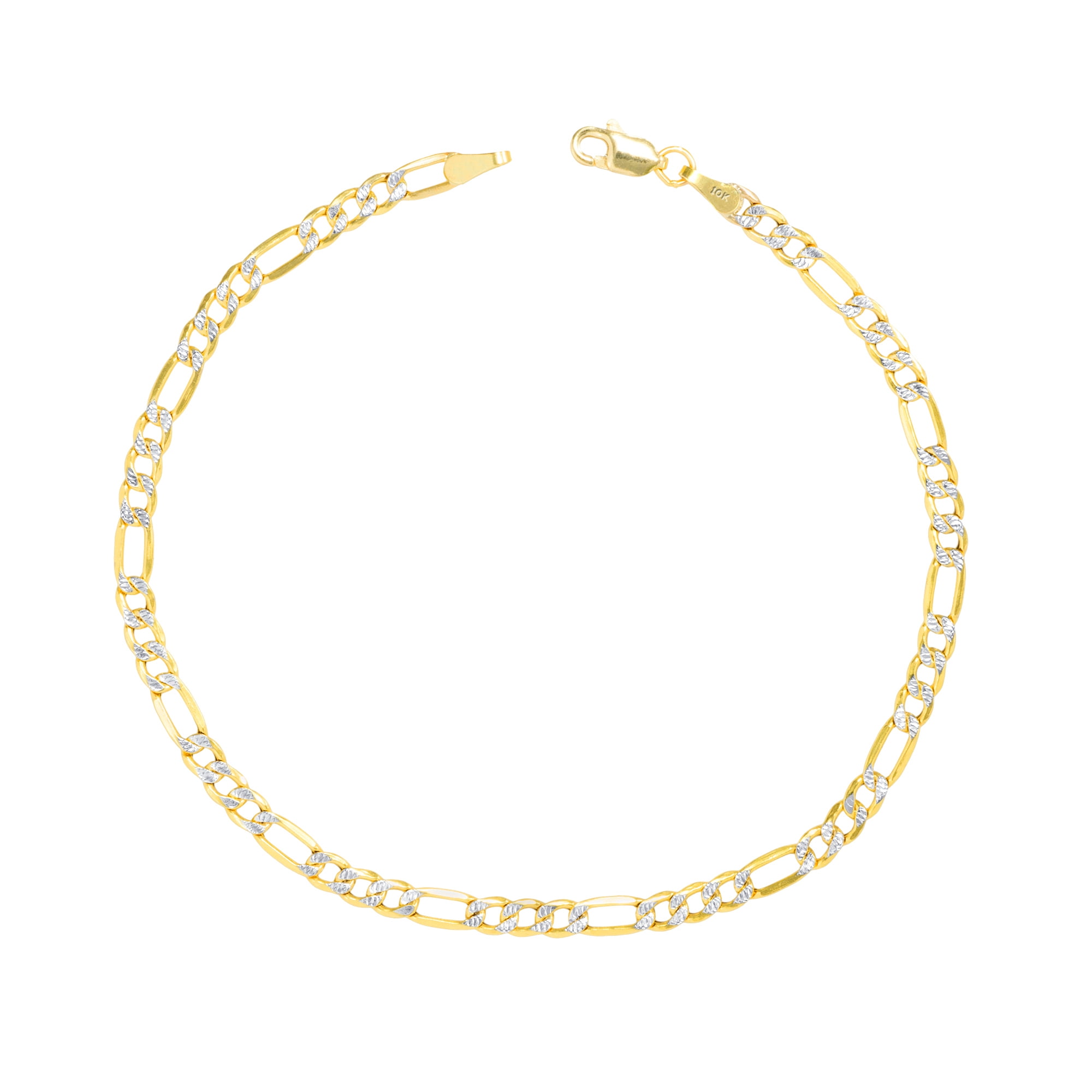 Nuragold 10k Real Yellow Gold Solid Figaro Link 2.5mm Diamond Cut Pave Chain Bracelet or Anklet (7"-9") Two Tone Italian Jewelry for Men & Women