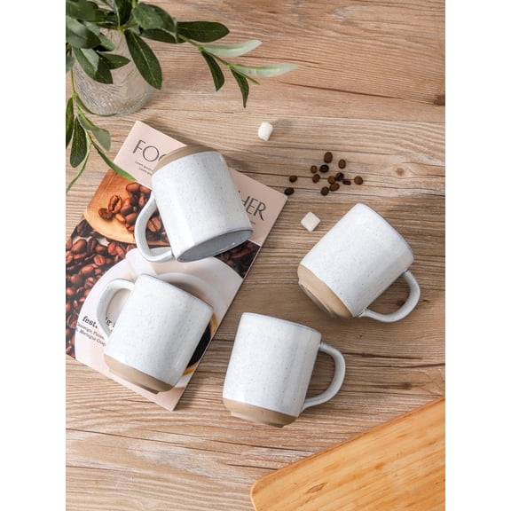 13 oz White Speckled Rustic Stoneware Coffee Mug Set of 4, Two-Tone Glaze Ceramic Cups for Home Kitchen