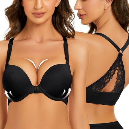 Front Closure Plunge Bras for Women Lace Racerback Push Up Thick Padded Underwire Add 2 Cups Bra  32-44