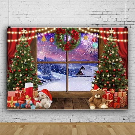 SUNOLIFE Christmas Backdrop Banner Winter Xmas Tree Photo Background Banner 7x5ft