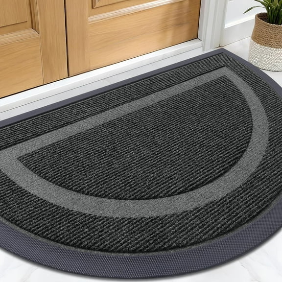 Half Circle Door Mat Indoor Outdoor Entrance Welcome Mat, Durable Natural Rubber Backing, Low Profile Design for Easy Cleaning, All-Weather Waterproof Doormat for Patio Porch Entryway, Black