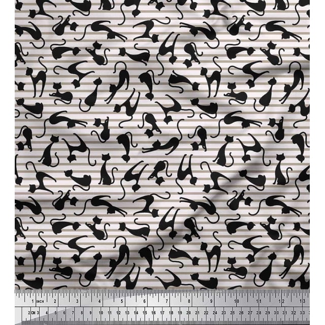 Soimoi Rayon Fabric Stripe & Cat Animal Print Fabric by Yard 56 Inch Wide