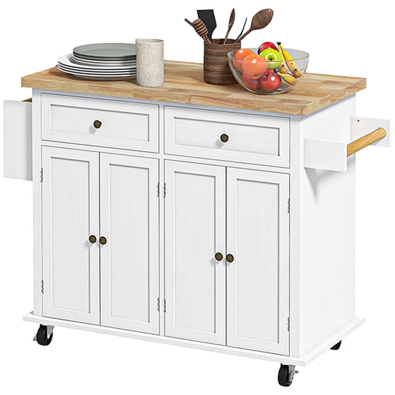 HOMCOM Rolling Kitchen Island Cart with Rubber Wood Top, Spices, and Towel Rack