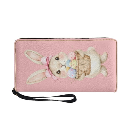 FUIALDOLG Bunny Easter Egg Pattern Long Wallet with Large Capacity Zip-Around Long Purse for Travel, PU Leather Women Clutch Wallet for Shopping