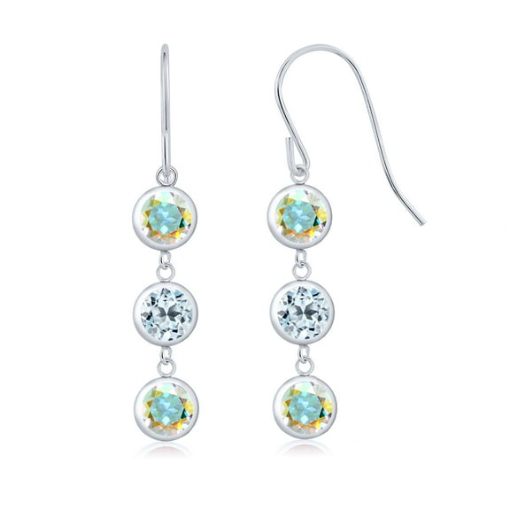 Gem Stone King 925 Sterling Silver Mercury Mist Mystic Topaz and Sky Blue Topaz 3 Stone French Wire Dangle Earrings for Women (3.60 Cttw, Gemstone Birthstone, Round 5MM)