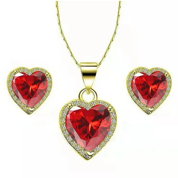 18k Yellow Gold 2 Ct Created Ruby Heart Plated Full Set Necklace 18 inch by Paris Jewelry